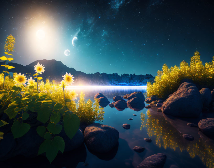 Tranquil night landscape with sunflowers, lake, rocks, starry sky.