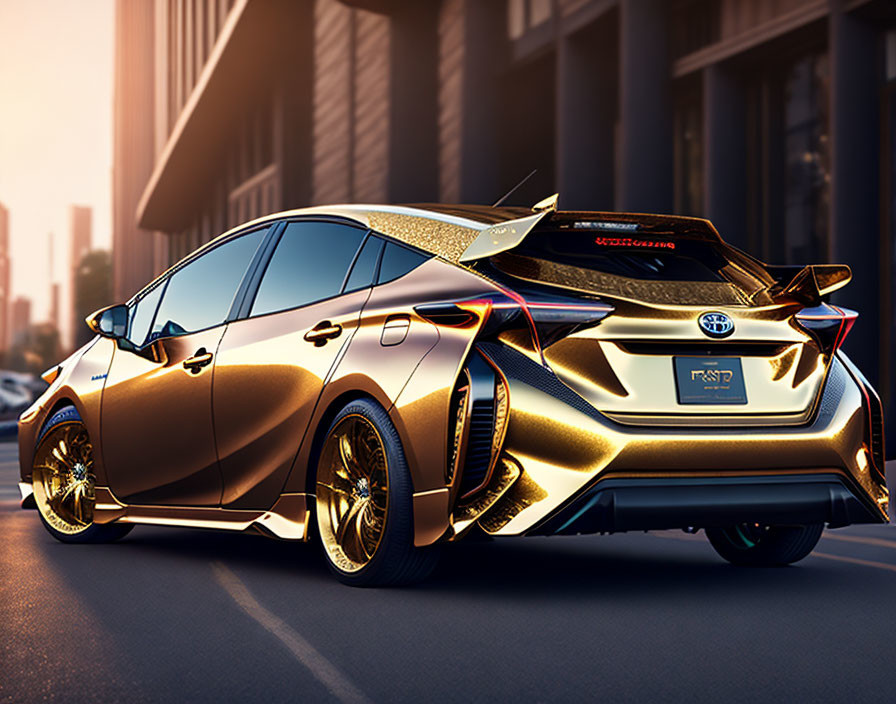 Shiny gold Toyota Prius with custom wheels and rear spoiler parked on city street