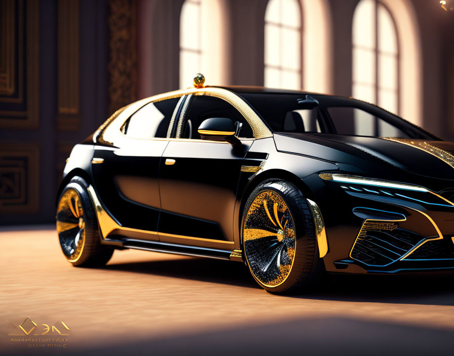 Black and Gold Futuristic Sedan in Elegant Hall