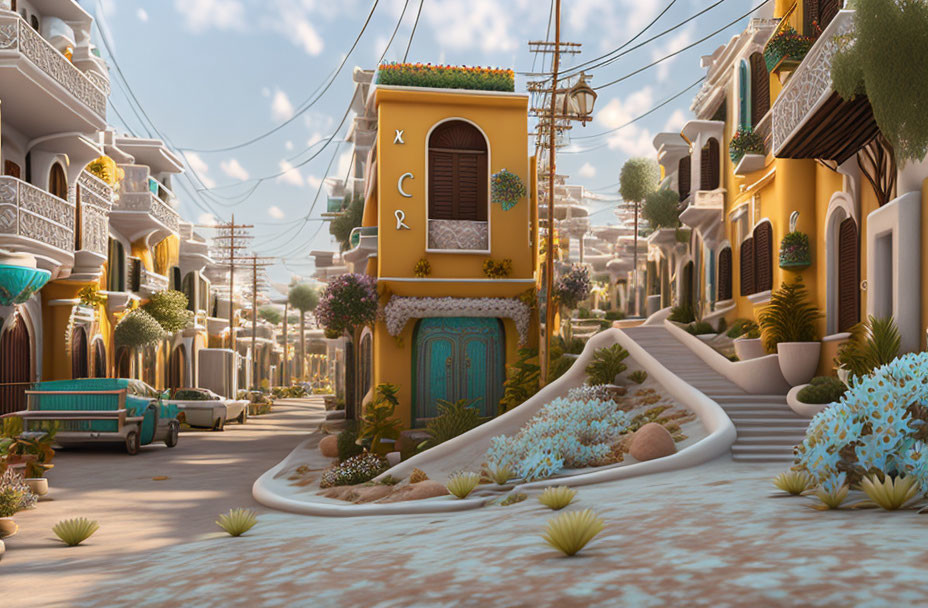 Sunlit Mediterranean-style Street with Vibrant Plants & Classic Car