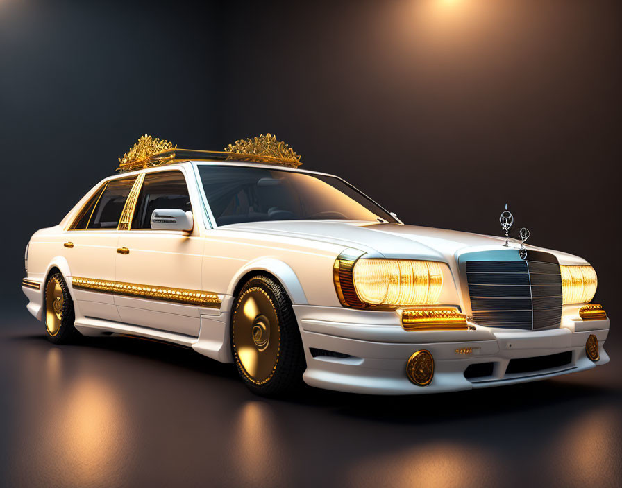 Luxurious White Mercedes-Benz with Golden Accents on Dark Background