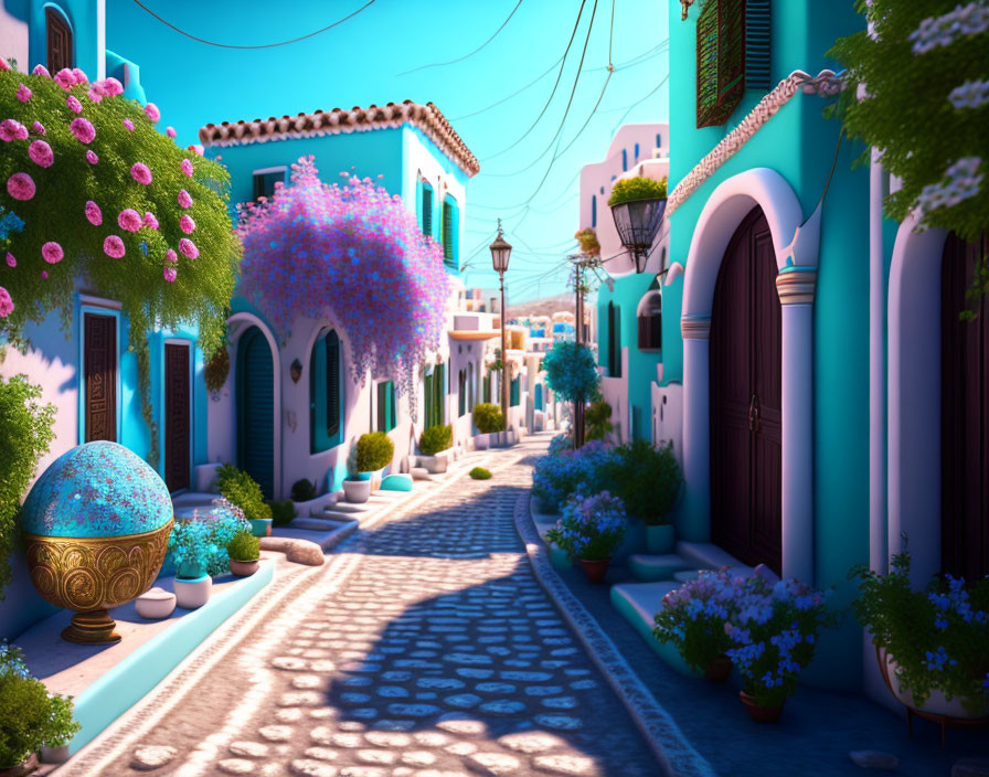 Colorful cobblestone street with vibrant houses and blooming flowers under clear blue skies