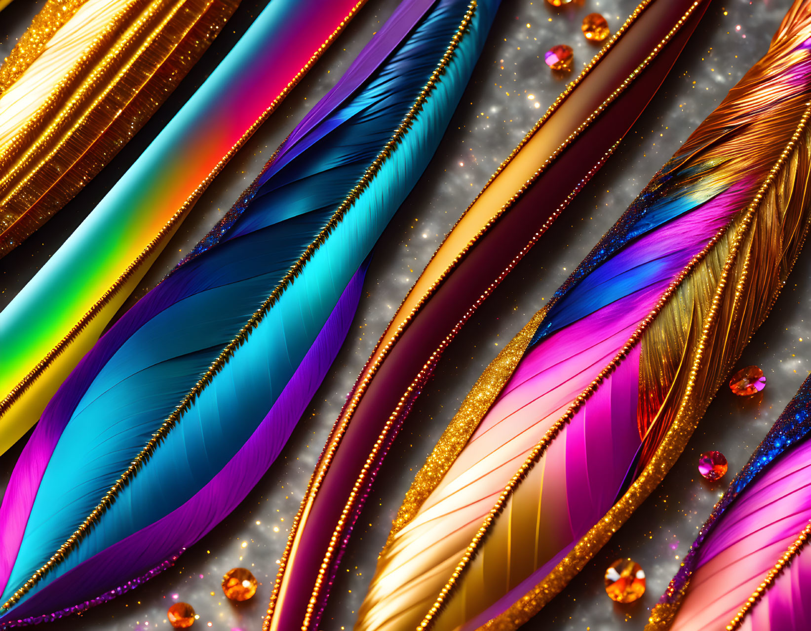 Colorful feathers with glitter and gems on diagonal layout.