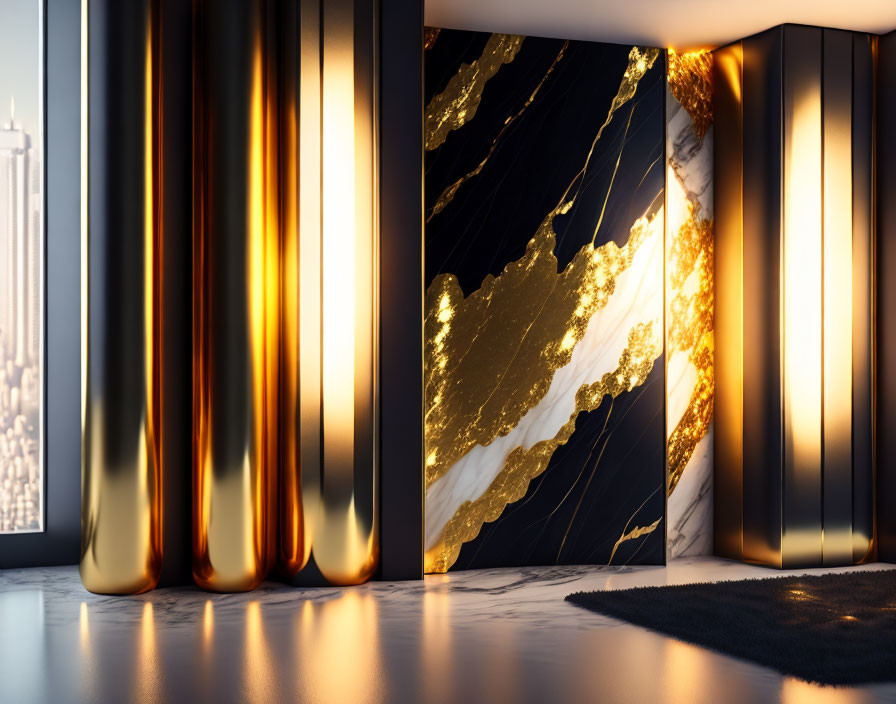 Opulent interior design with golden curved panels and marble walls.