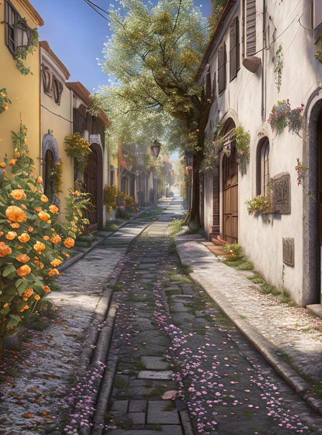 Traditional houses on cobblestone street with orange flowers and greenery