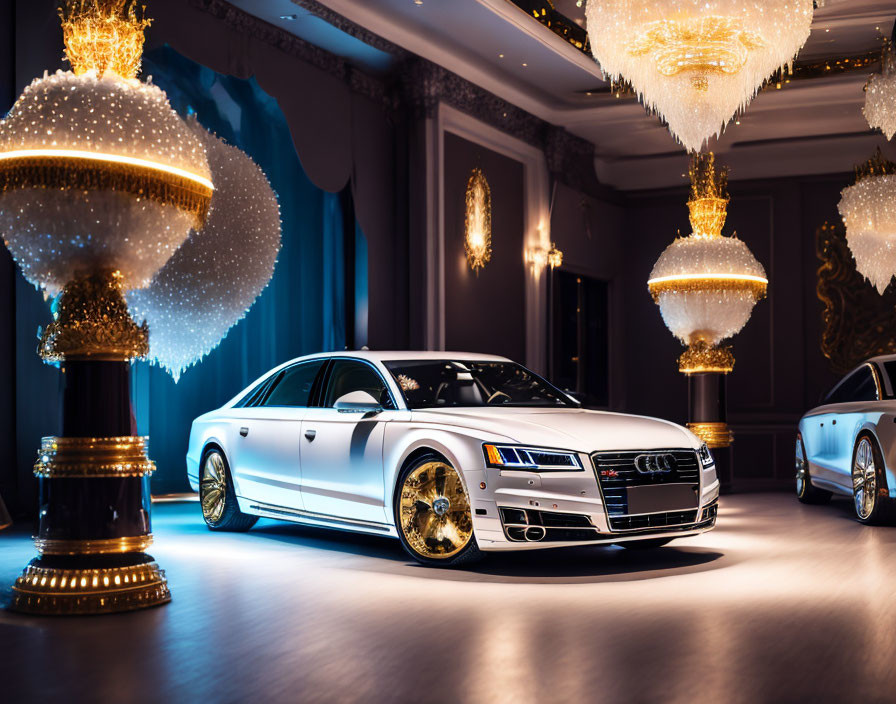 Luxurious White Audi Car with Gold Rims in Elegant Room