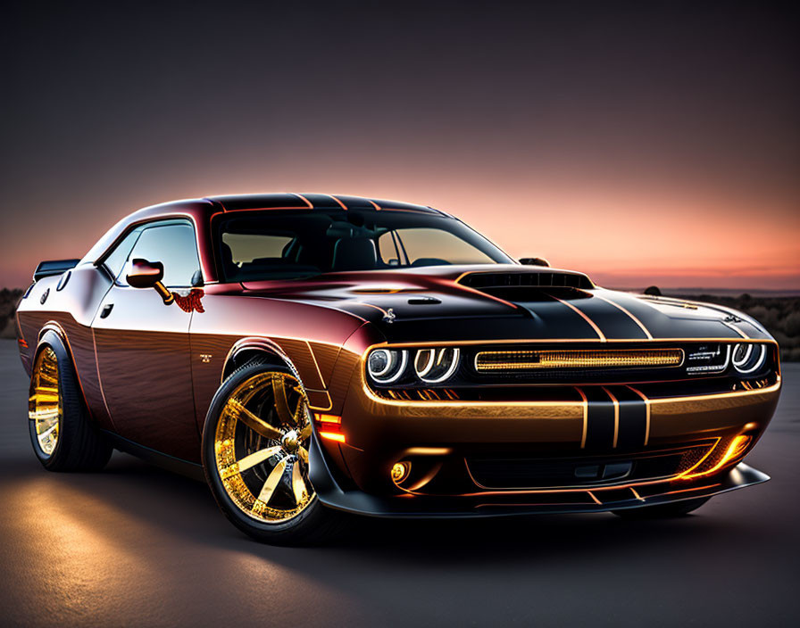 Custom Gold and Black Dodge Challenger with Chrome Rims Against Sunset