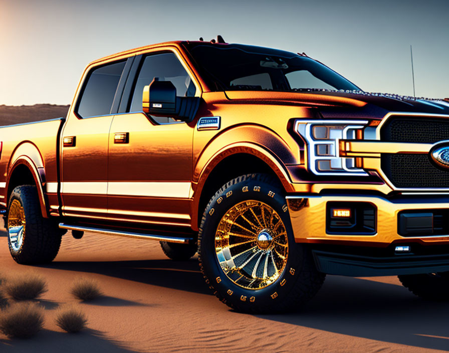 Shiny orange Ford F-Series truck in desert sunset