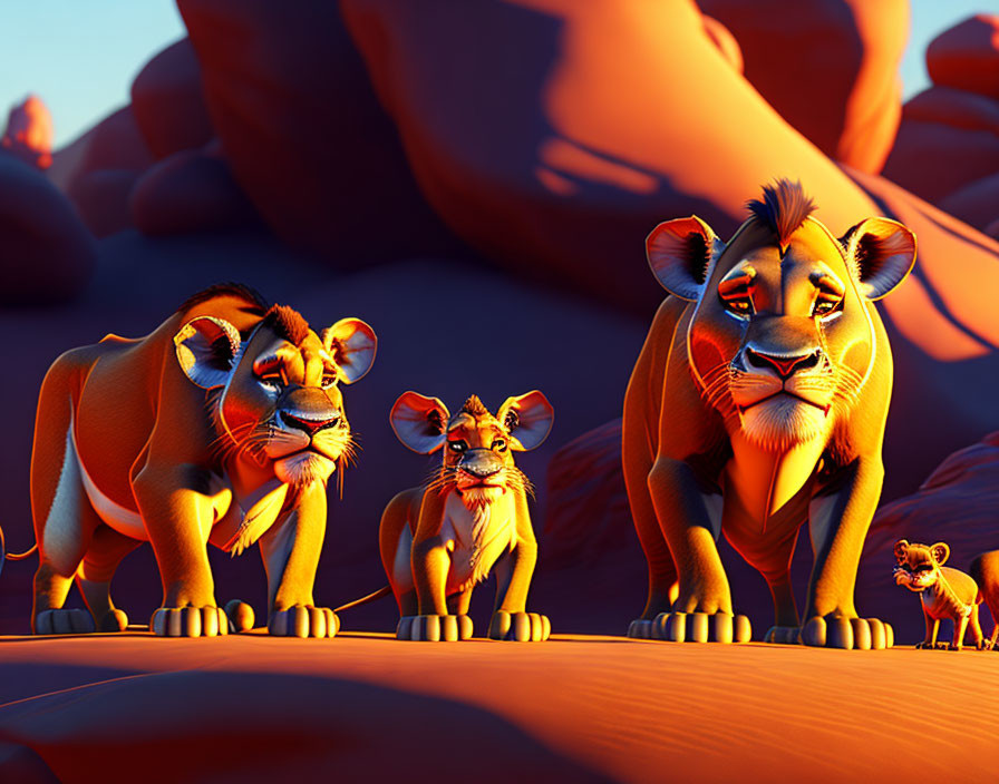 Stylized animated lions on rocky landscape in warm light