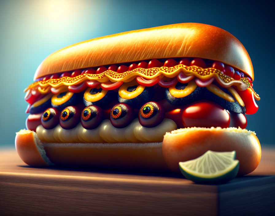 Surreal hotdog with eyeballs, mustard, ketchup, and toppings on dark background