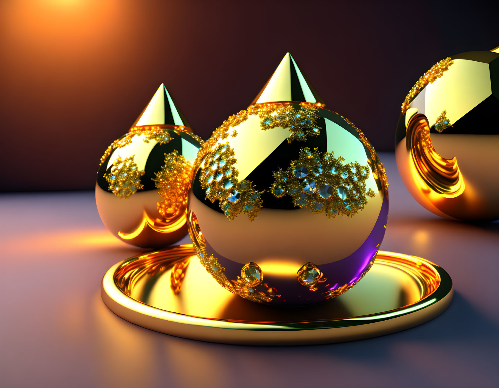 Shiny golden fractal spheres on glossy surface with intricate patterns