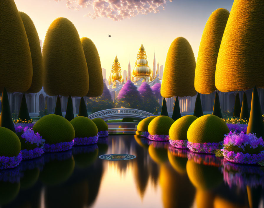 Golden-domed fantasy landscape with vibrant trees and reflective lake at sunset