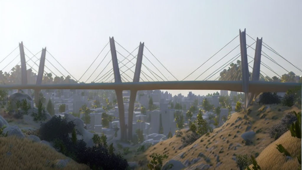 Suspension bridge with twin towers over city and hills under clear sky