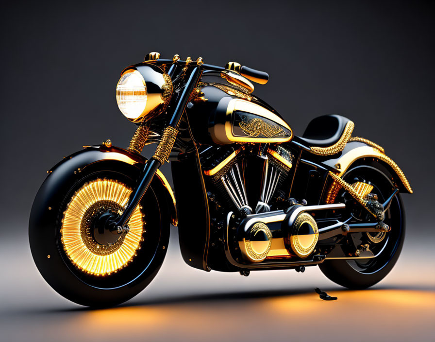 Custom Black Motorcycle with Gold Accents and Illuminated Wheels