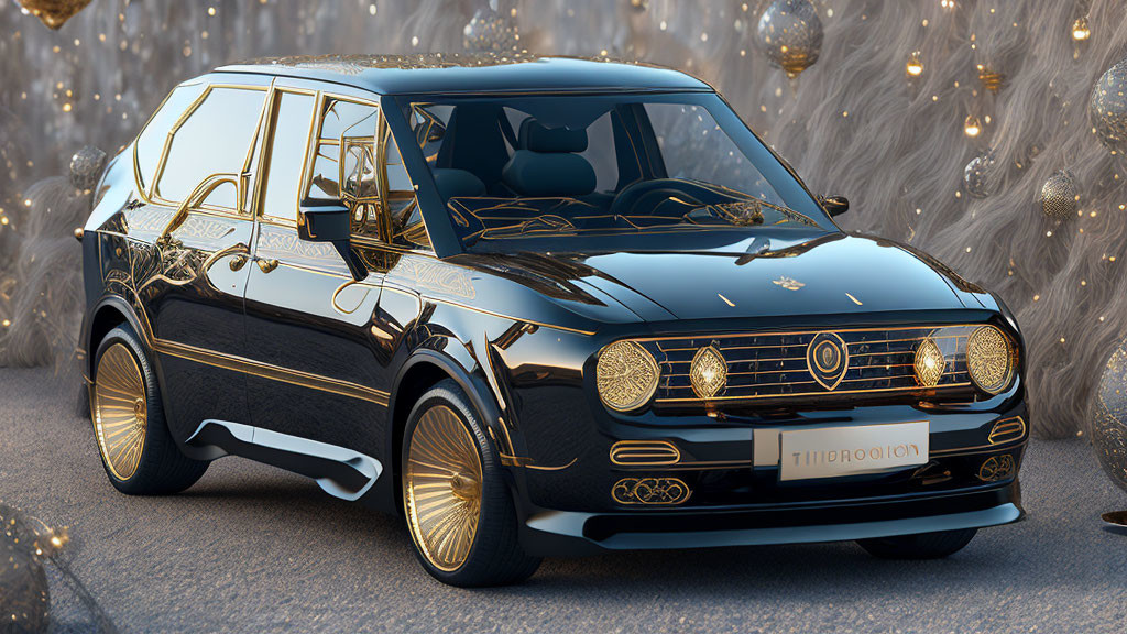 Luxurious Black SUV with Gold Trim in Glowing Background