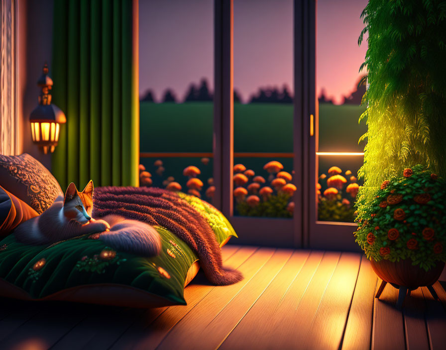 Cat sleeping on cushion in warm lantern light with indoor plants and outdoor view.