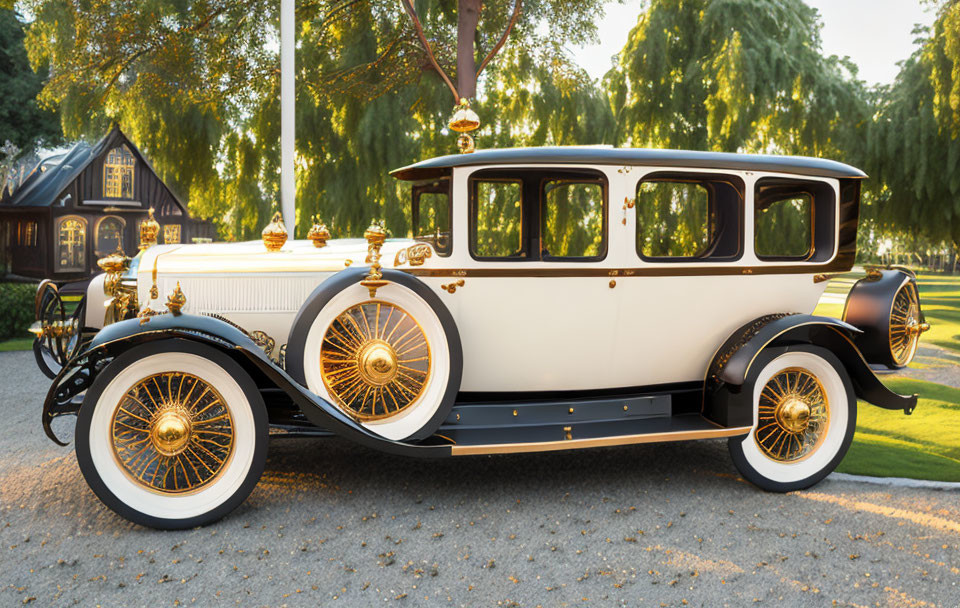 Vintage Car with White and Black Exterior, Gold Trim, and Spoked Wheels in Park Setting