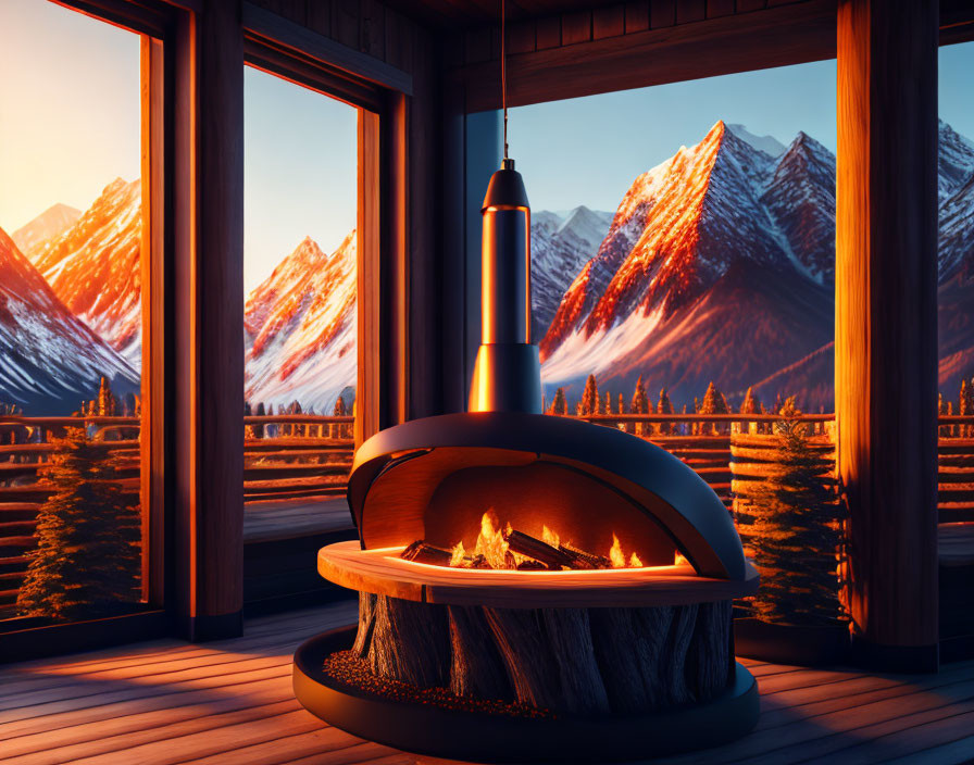 Modern Fireplace with Visible Flames in Room with Snow-Covered Mountain View