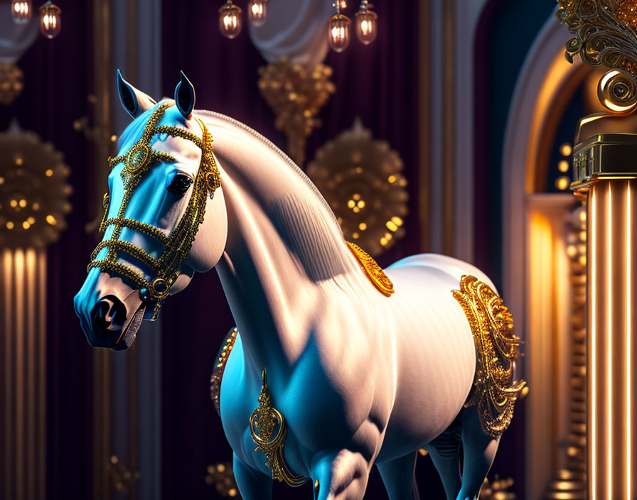 White horse with golden tack on opulent background