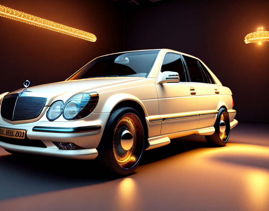 Vintage Mercedes-Benz with golden rims under warm studio lights