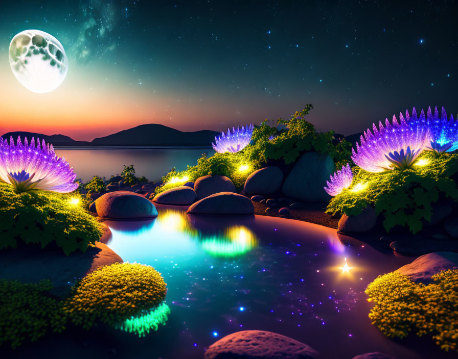 Moonlit Night Scene: Luminous Pond, Purple Plants, Mossy Rocks