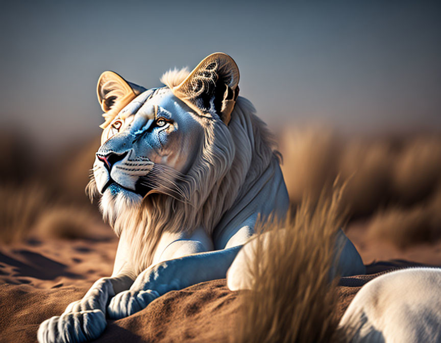 White lion with blue facial markings in desert wind.