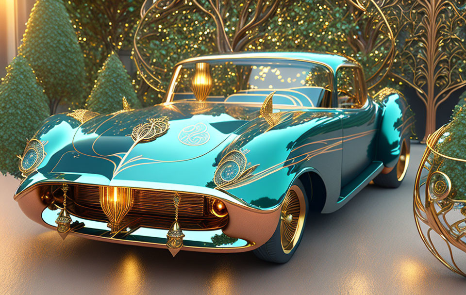 Vintage Turquoise Car with Golden Ornate Designs Amongst Stylized Trees