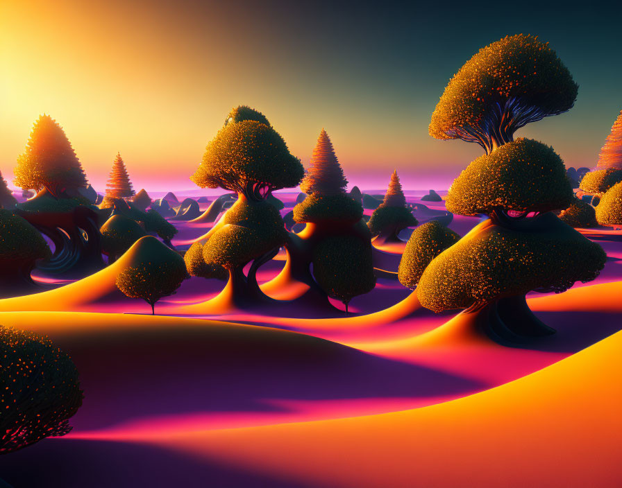 Surreal landscape with stylized trees and orange hills at sunset