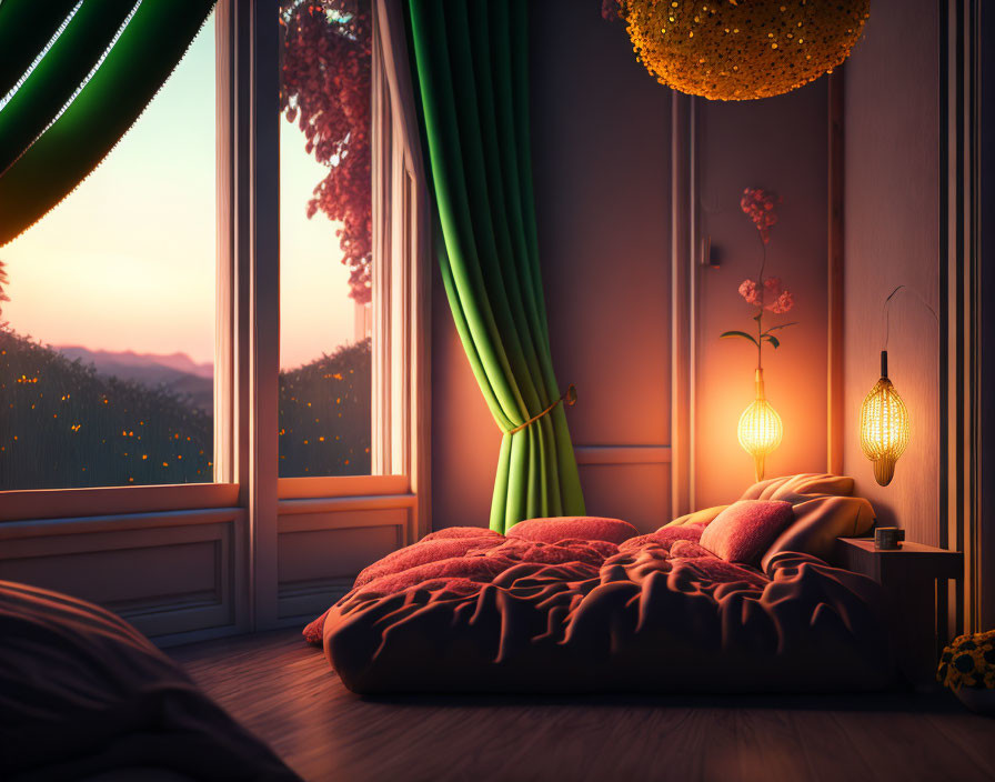 Tranquil bedroom scene with made bed, open window, lamp, fireflies, and hilly