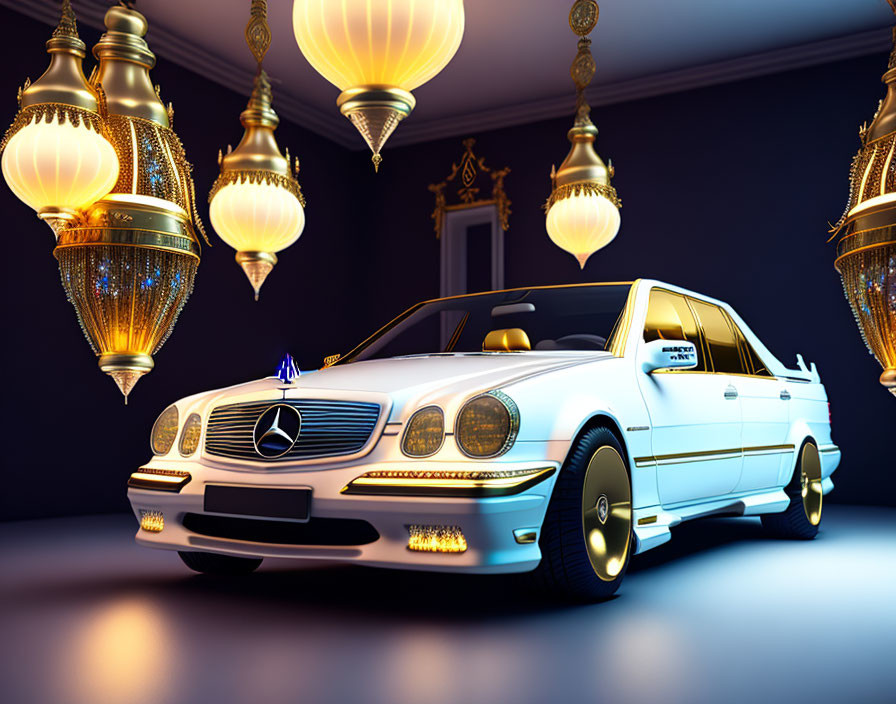 Luxurious White Mercedes-Benz Parked in Room with Golden Lamps