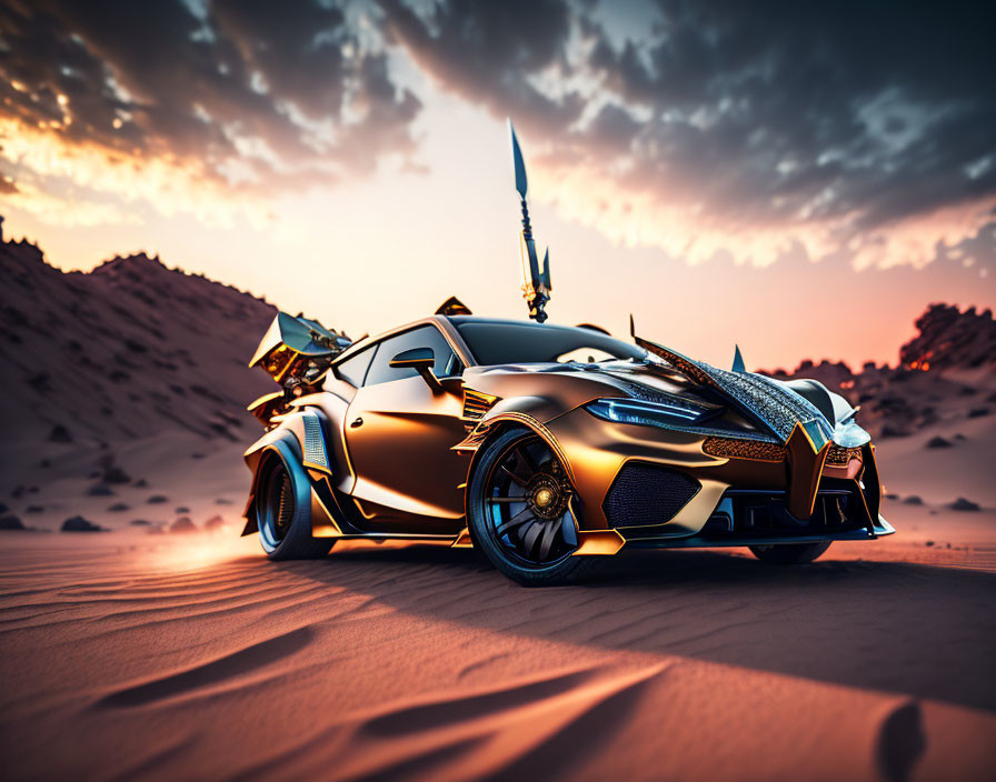 Shiny golden sports car with open doors in desert sunset