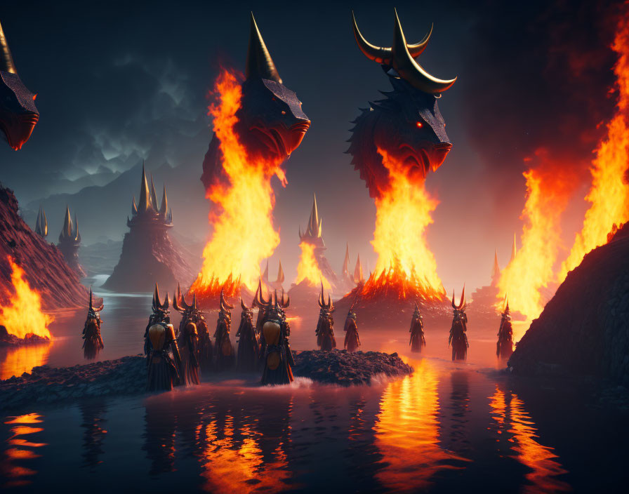 Fantastical scene: armed warriors, fiery dragon heads, volcanic mountains.