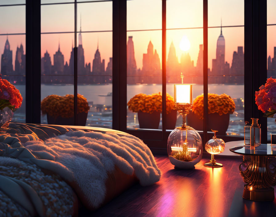 Elegant interior with city skyline view, cozy sofa, cushions, warm lighting, and floral decor