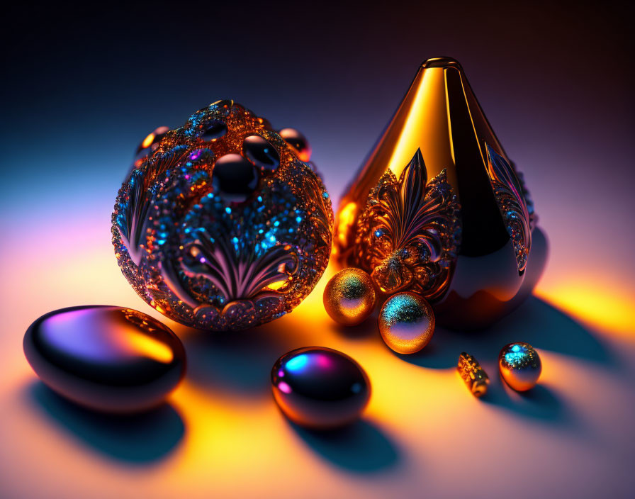 Ornate Glass Objects and Intricate Stones Displayed Under Moody Lighting