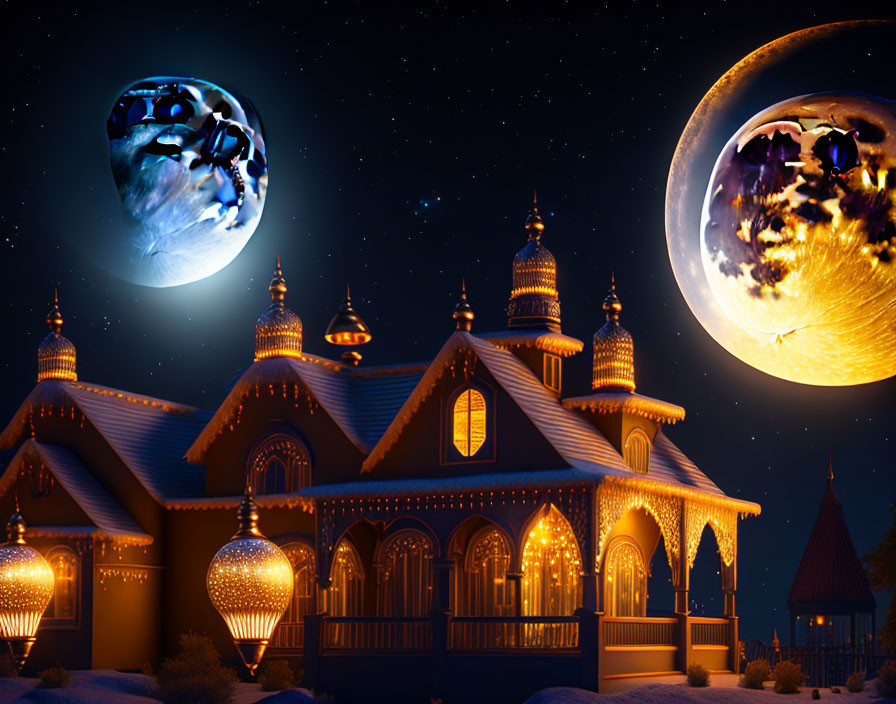 Fantastical night scene with glowing palace, whimsical moons, and butterflies