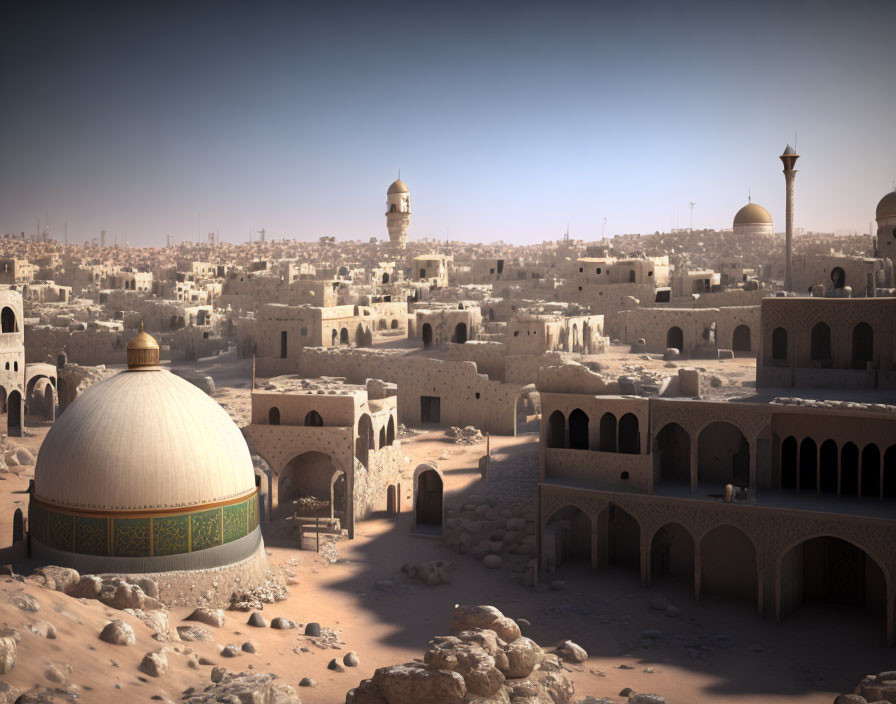 Middle Eastern desert city with domed buildings and minaret under clear sky