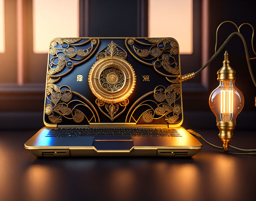 Gold-Patterned Laptop on Table with Illuminated Lantern