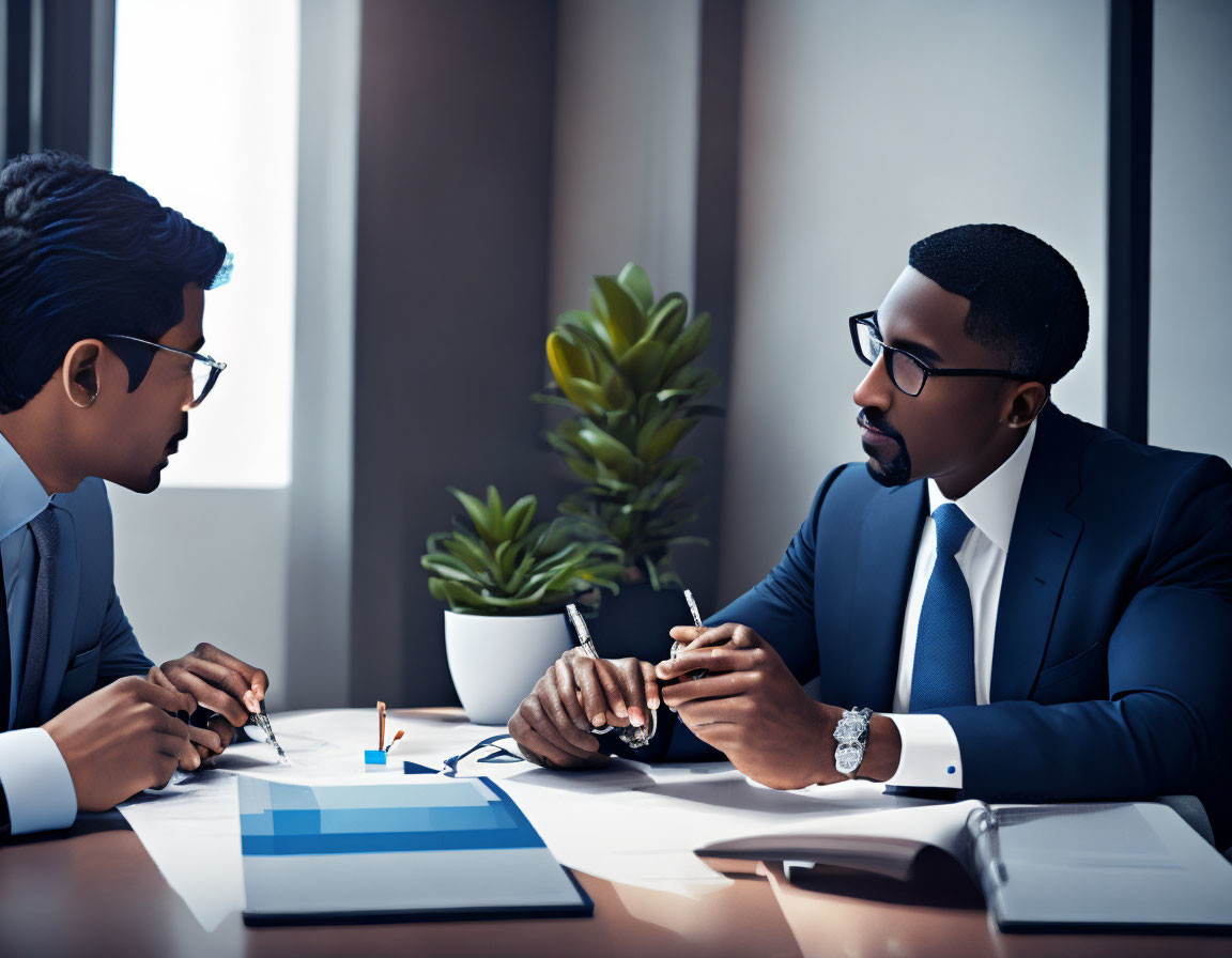 Businessmen in suits having a serious meeting with documents and plant on table