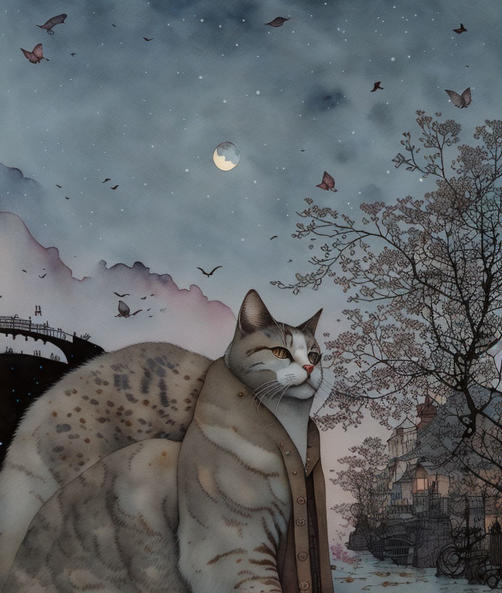 Giant cat in coat with night sky, birds, crescent moon, tree, old houses