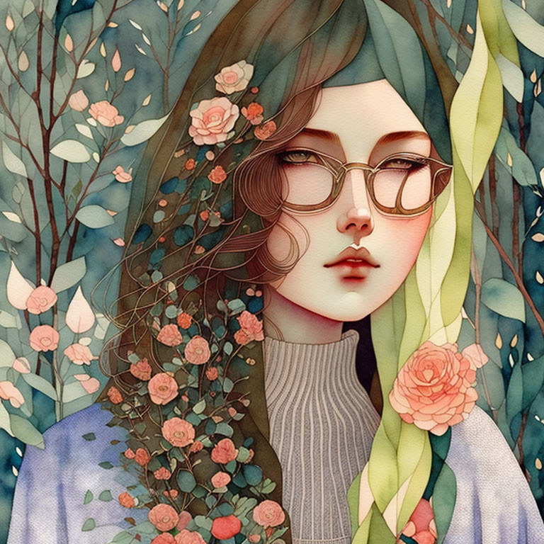 Woman with Glasses Surrounded by Stylized Flora in Blues and Pinks