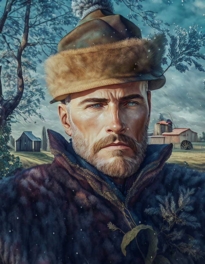 Bearded man with blue eyes in fur hat, rural setting with barns and tractor