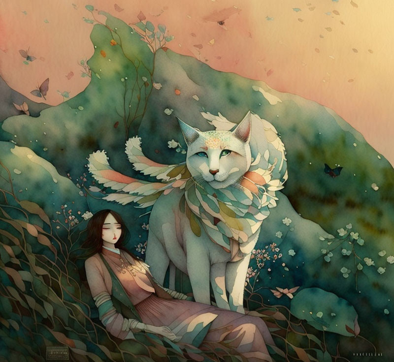 Illustration of girl with ethereal cat in mystical landscape