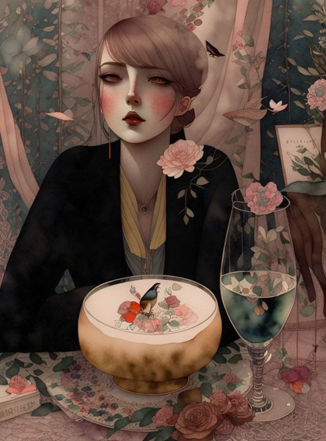 Illustrated female figure with pale skin and dark hair holding a bowl with a bird, surrounded by pink