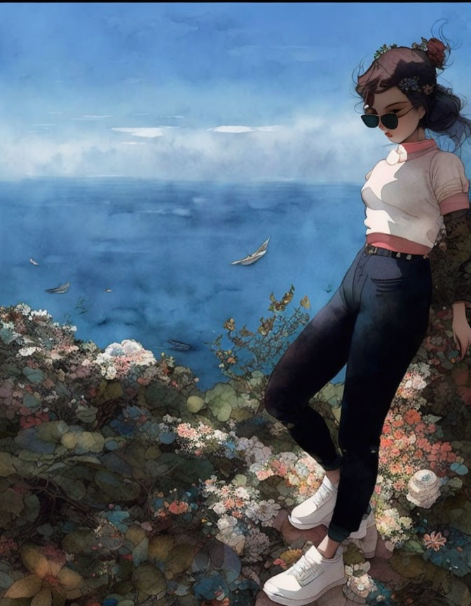 Stylish animated girl on floral cliff by the sea wearing sunglasses