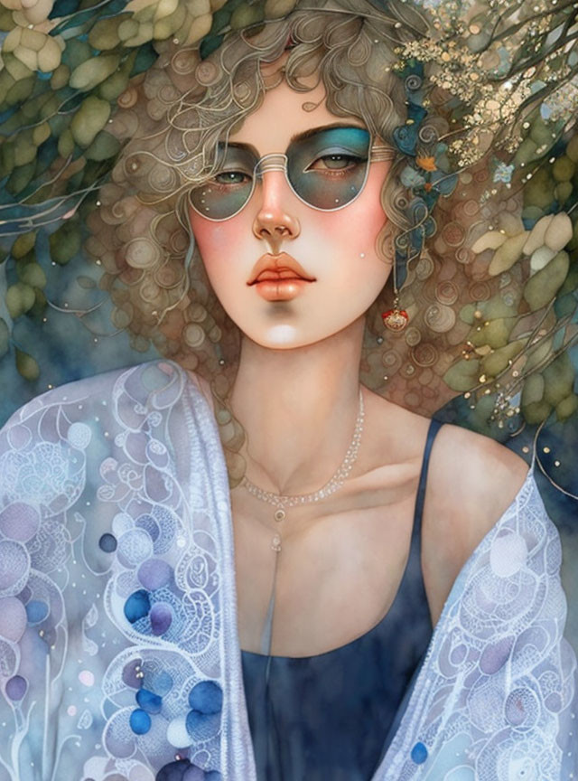 Illustrated woman with curly hair in sunglasses and blue-patterned robe among green foliage