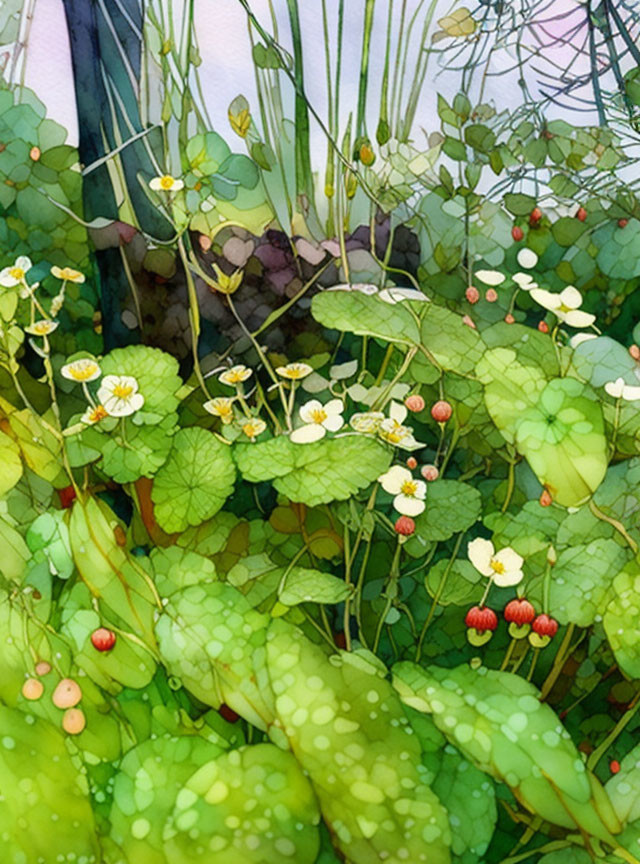 Lush Green Garden with Dew-Kissed Leaves and White Blossoms