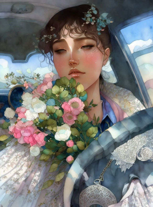 Illustrated portrait of woman with flowers, blanket, bouquet, and pocket watch