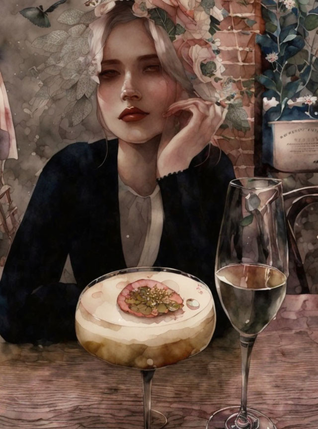 Pensive woman dining alone in watercolor illustration