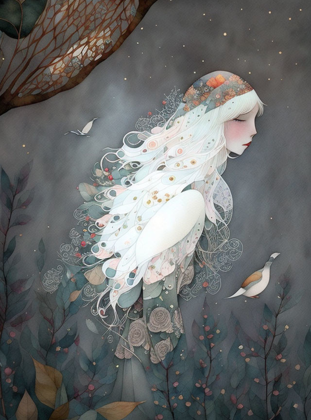 Illustration: Woman with pale hair, flowers, birds, and botanical elements on starry background