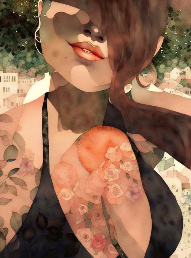 Illustration of Woman with Floral and Architectural Elements in Warm Tones